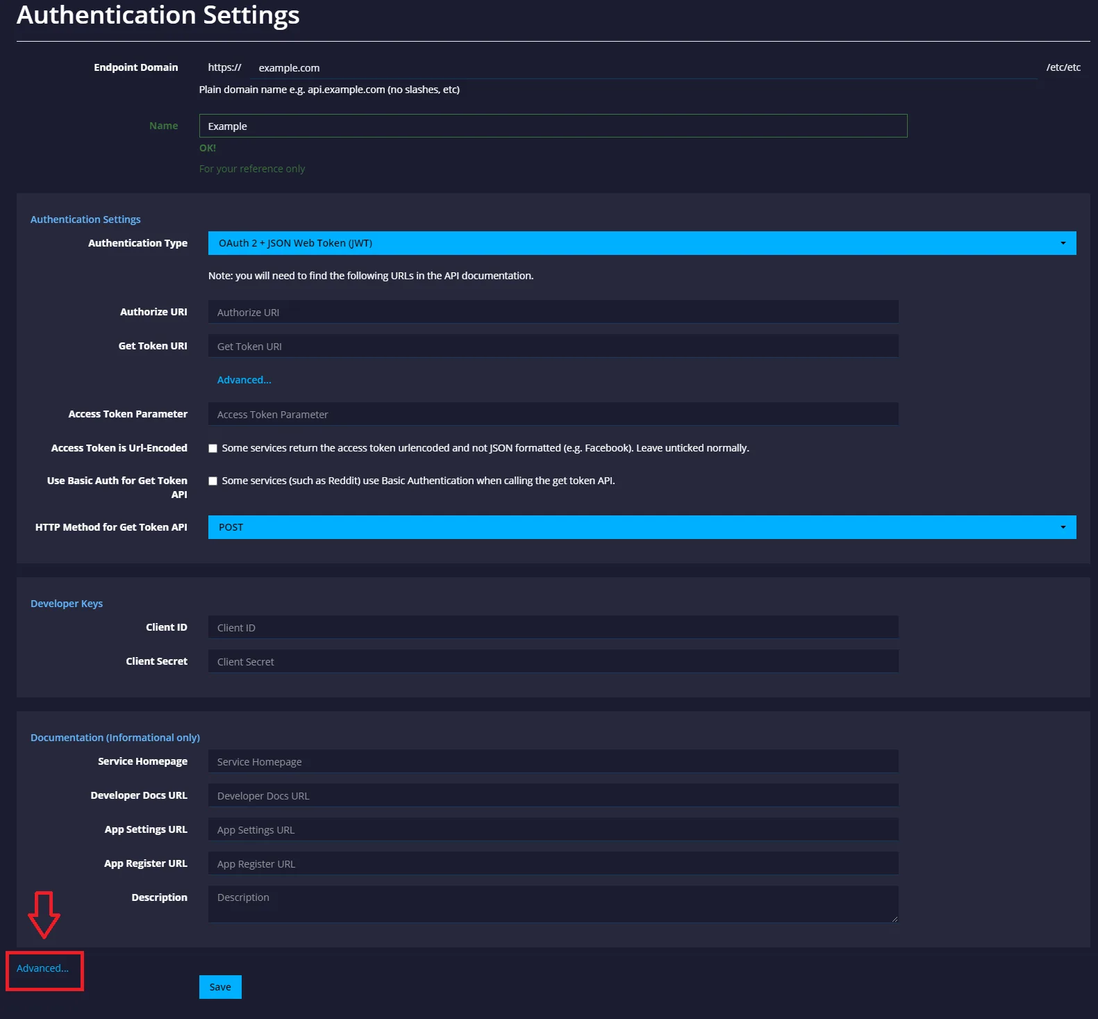 Authentication Settings page with Authentication Type set to OAuth 2 plus JSON Web Token