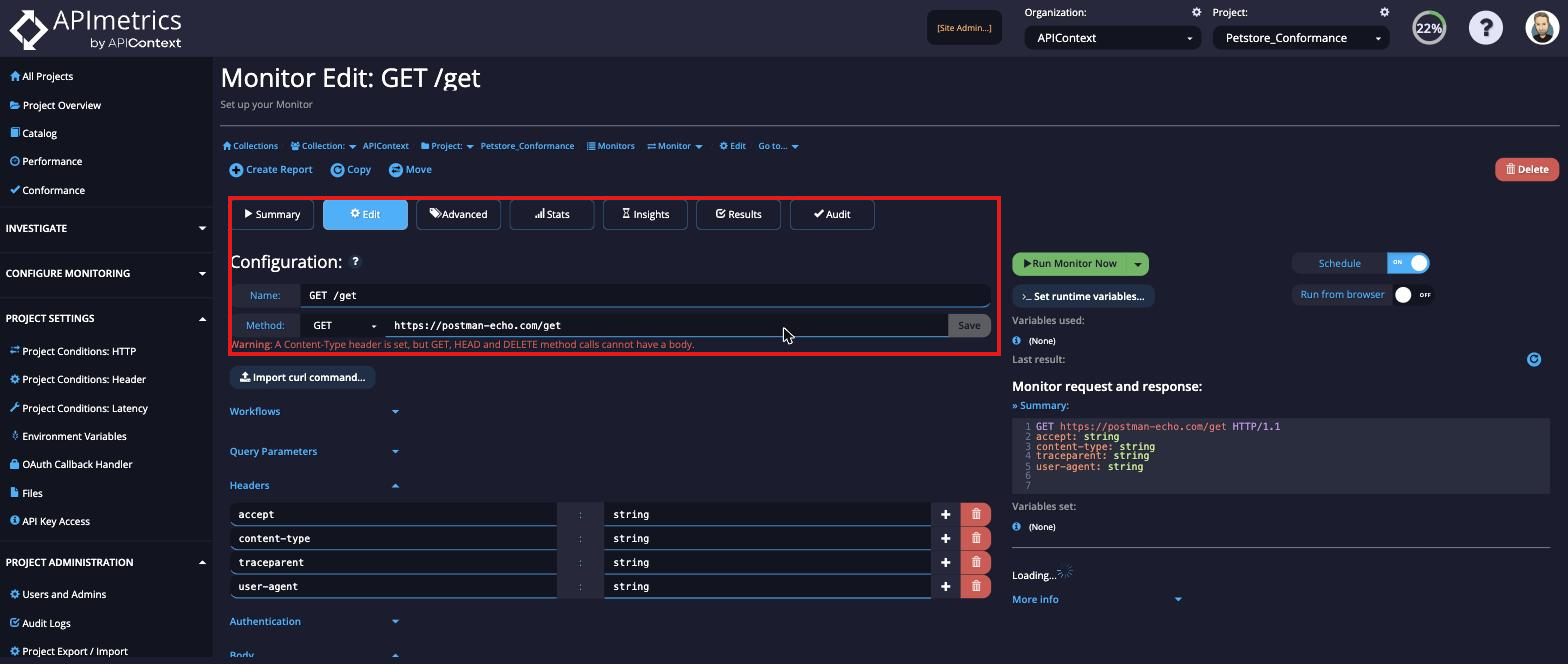 Monitor Edit form showing the Name field, Method selector (GET), URL field, and Save button