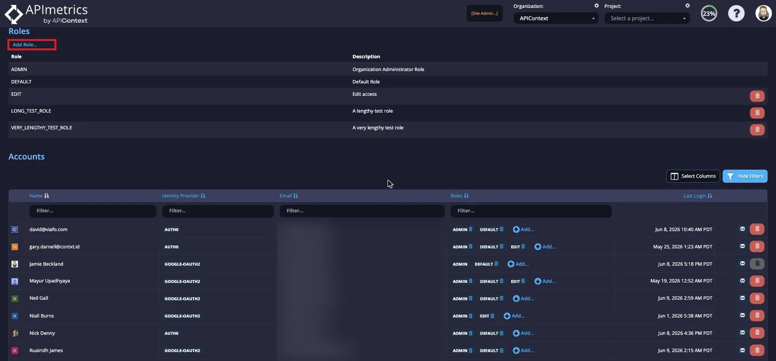 Roles section with the Add Role link highlighted above the list of existing roles