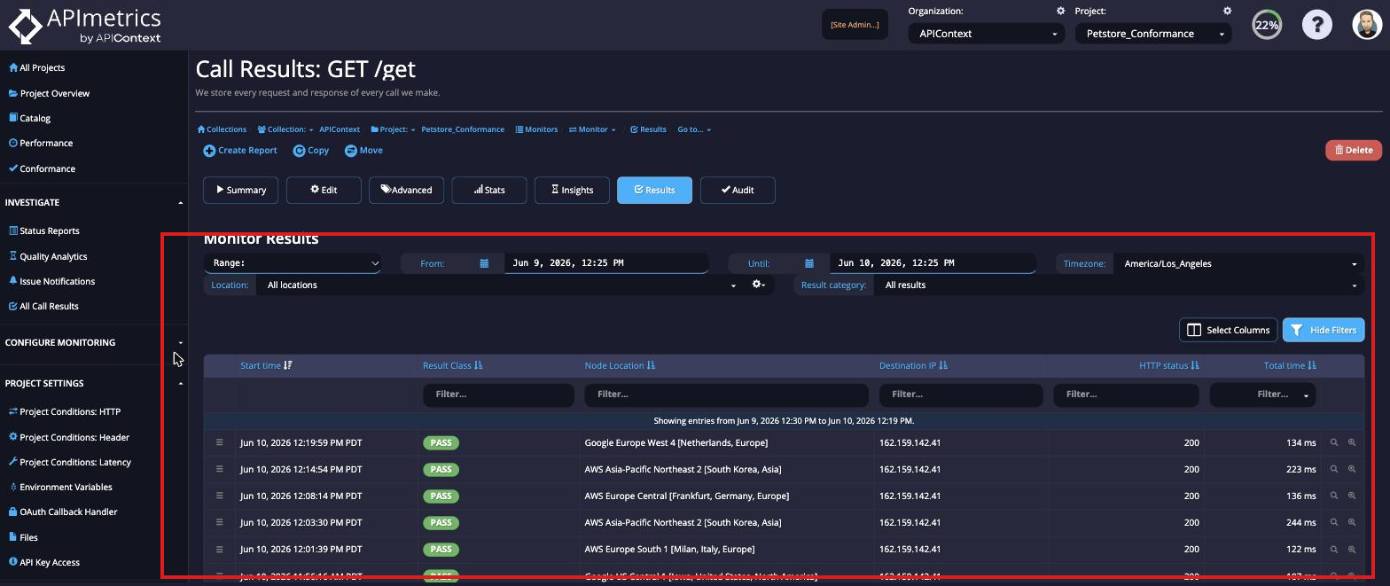 Call Results — Monitor Results table Call Results view showing a list of PASS results for GET /get across multiple global locations, with HTTP 200 status and latency per run