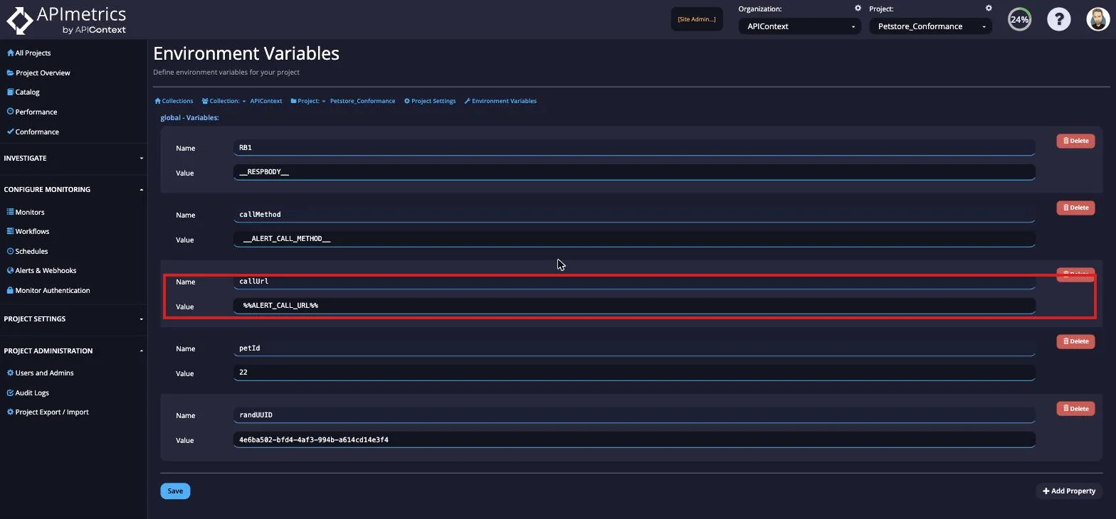 Environment Variables page defining name and value pairs for a project
