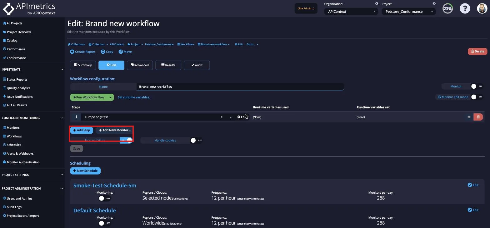 Edit Workflow page with the Add Step and Add New Monitor buttons highlighted below the Steps table