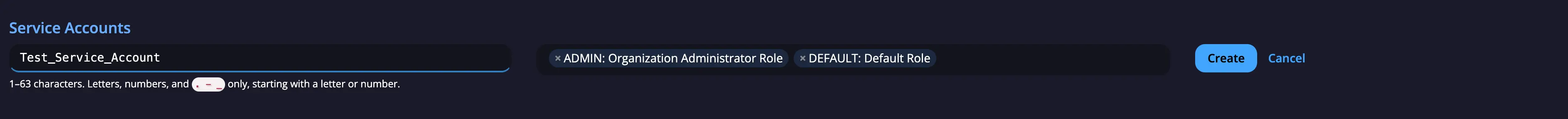 Create Service Account form with a name field, ADMIN and DEFAULT role tags, and Create and Cancel buttons