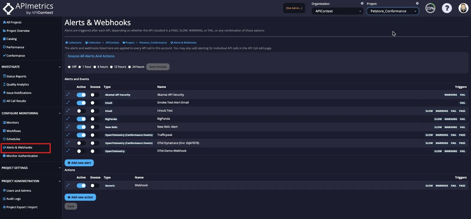 Alerts and Webhooks page header with the Add new alert and Add new action buttons