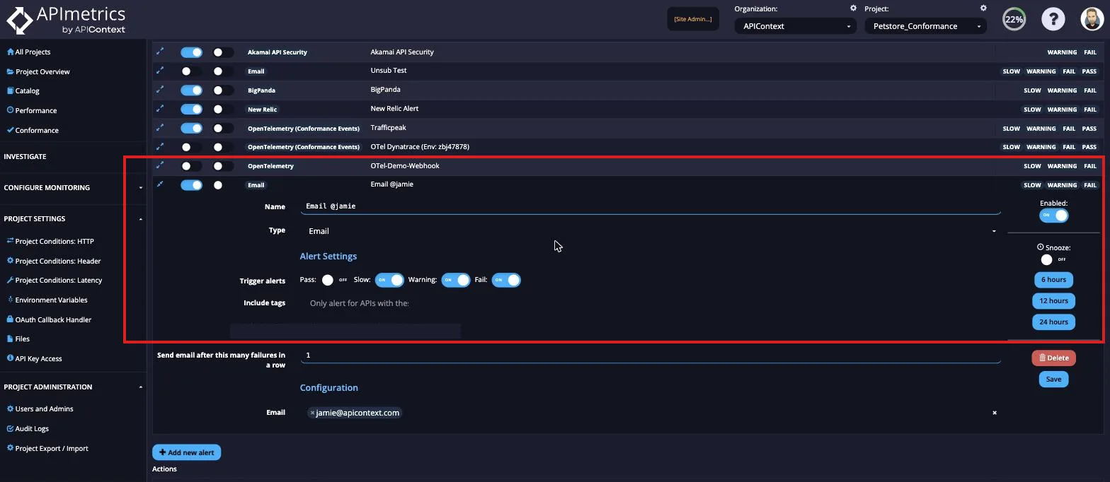 Expanded Email alert configuration showing name, type, trigger settings, and recipient email address